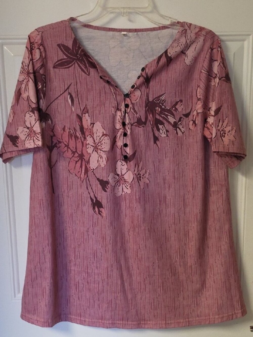 Women's Pink Floral Button-Front Short Sleeve Top
